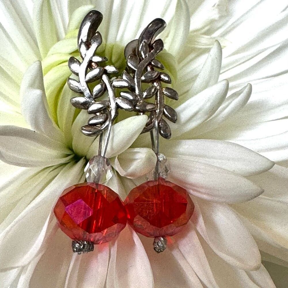 Silver tone leaf red crystal drop earrings
